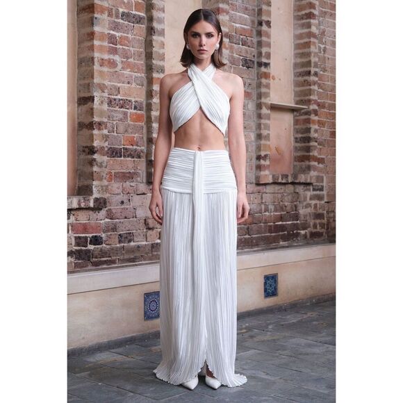 Sonya Moda Jolle Plissé halter Top &  Maxi skirt Set in White size S NWT - Picture 2 of 9